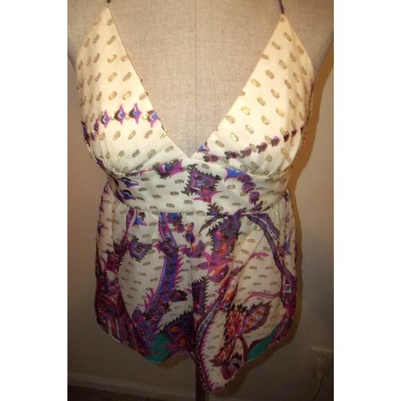 TIBI Cream-Gold & Multi-colored Floral Print Silk Halter Top Blouse Shirt 6 - Picture 6 of 11